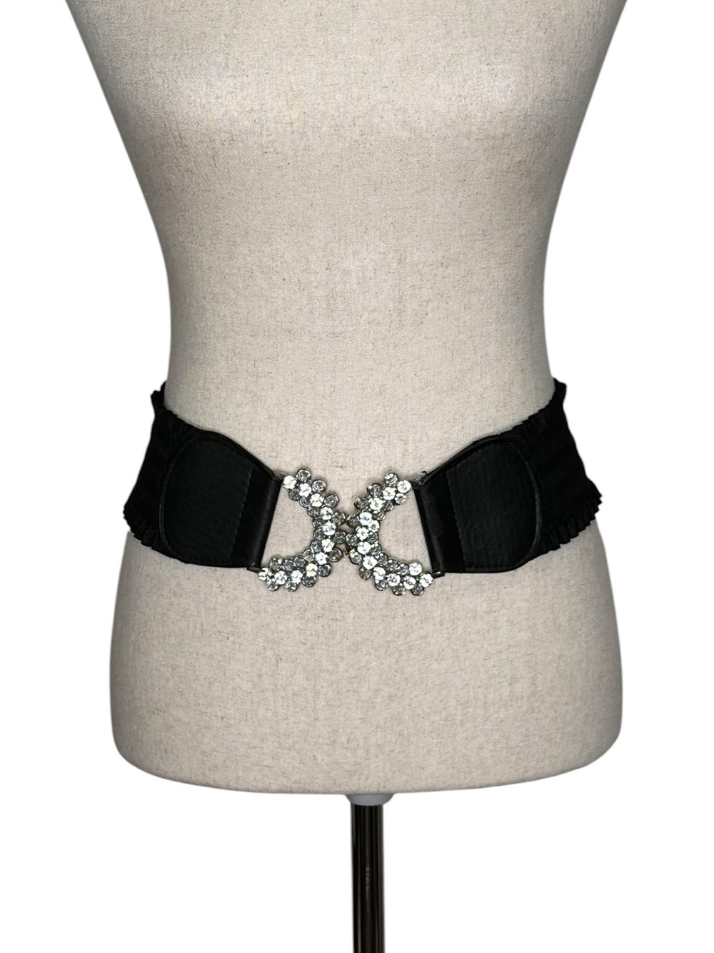Black Elastic Waist Belt with Crystal Buckle